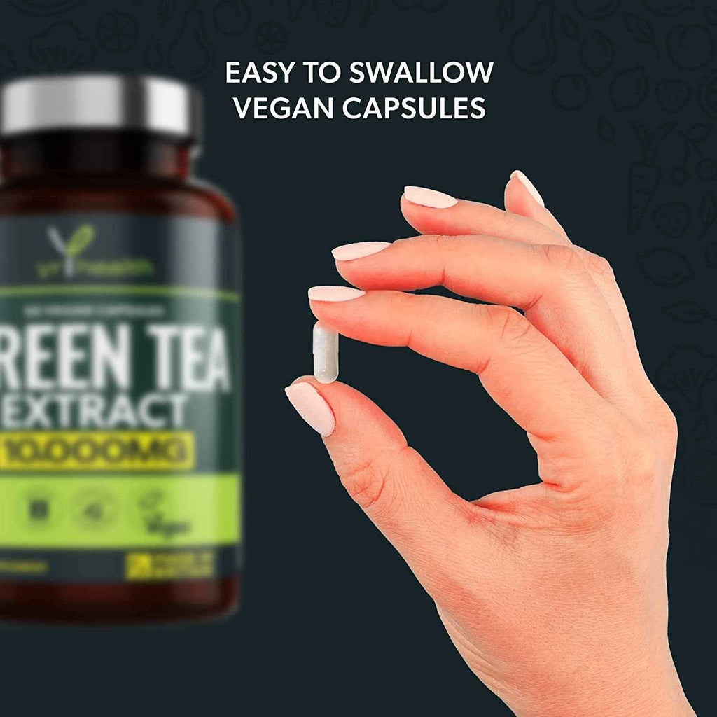Green Tea Capsules from Vegan Green Tea Extract 10,000mg, Green Tea Tablets High Strength for Weight Loss, Metabolism Booster Keto Diet, 60 Vegan Society Registered Capsules, UK Made by YrHealth