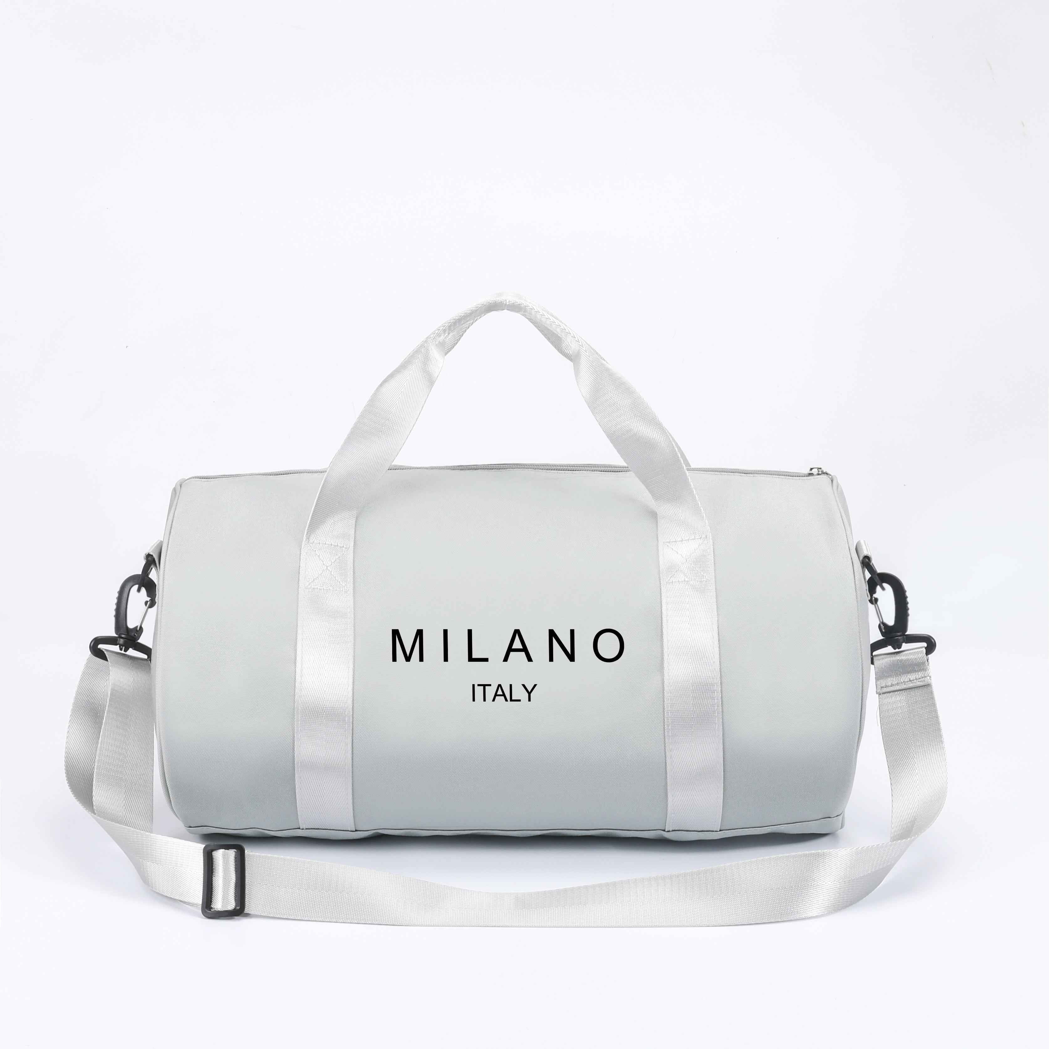 1pc MILANO Print Shoulder Crossbody Duffel Bag - High-Capacity Lightweight Foldable Nylon Gym Bag with Adjustable Strap, 4 Colors (Black/White/Blue/Gray) for Ballet Dancers, Travel, Daily Commute & Athleisure, Dance Accessory Carrier, Durable Zipper Closu