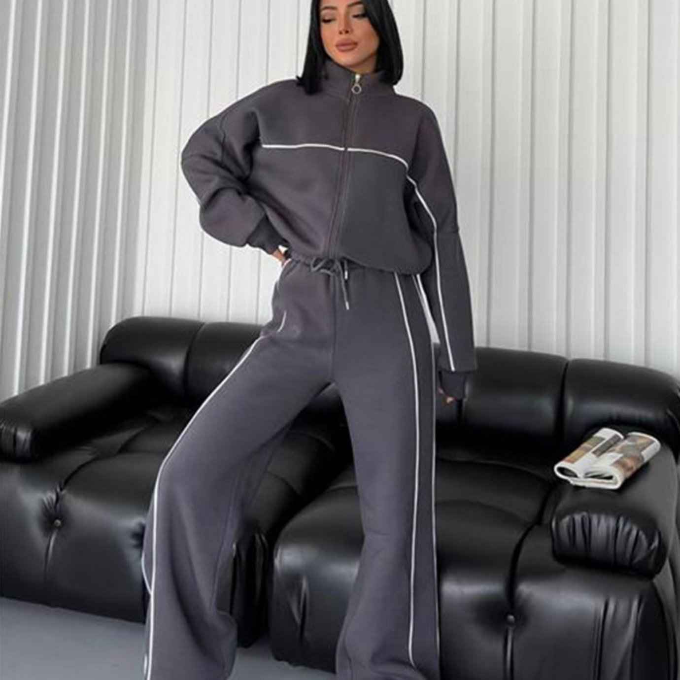 2024 Autumn/ Winter new casual suit long sleeve half turtleneck cardigan hoodie with striped pants street hipster, Autumn Clothing, Hipster Style, Turtleneck Design, Comfortable Fit, Twopiece Suit, Streetwear Lovers, Fashion Enthusiasts