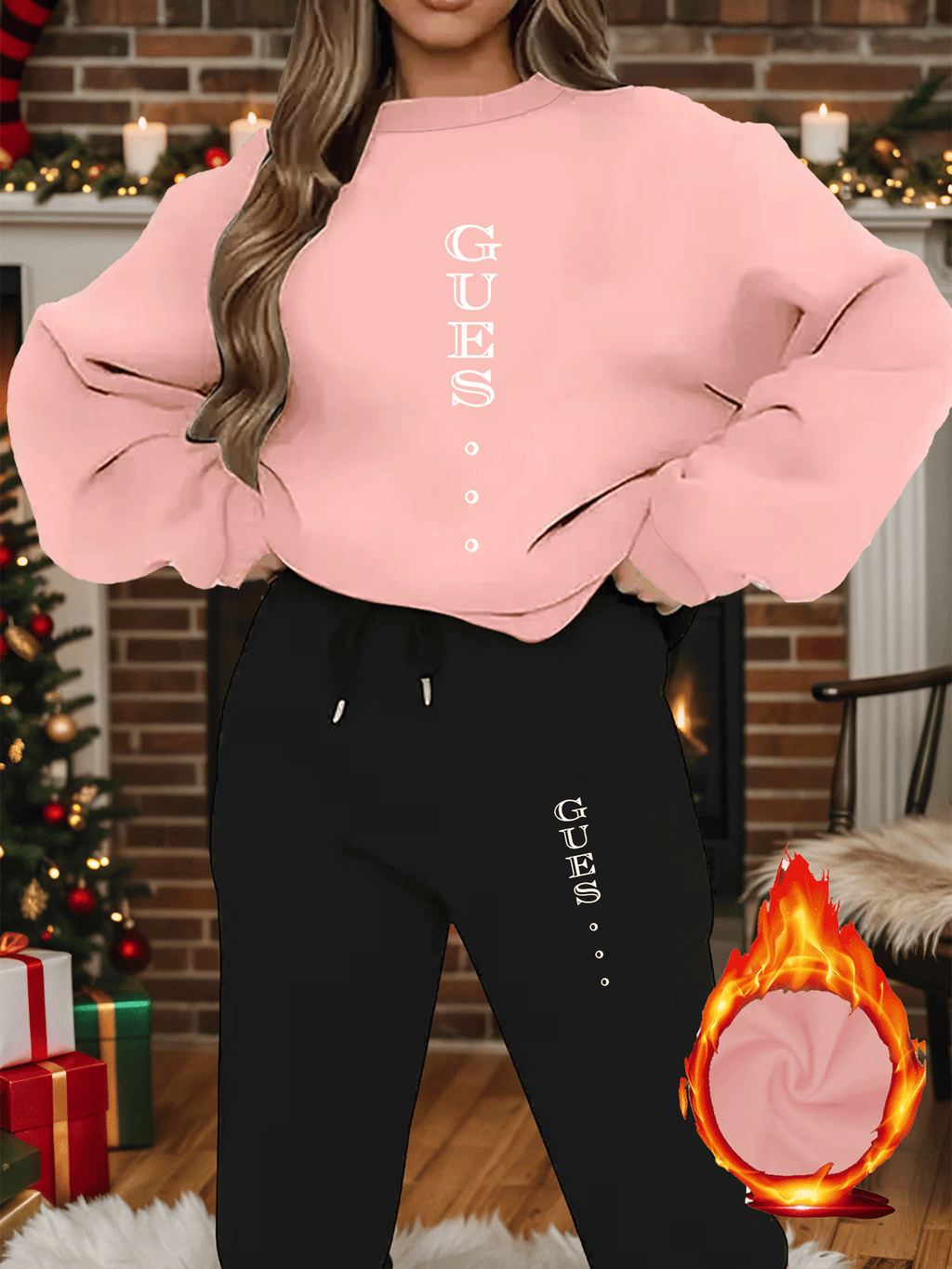 2pcs Women'S Y2K Style Oversized Sweatshirt & Pants Set - Light Blue "GUESS" Print, Long Sleeve Crew Neck, Fleece-Lined, Casual Winter Outfit, All-Season Comfort, Casual Winter Wear | Oversized Sweatshirt | Fleece Lined Pants - IRON GODDESS