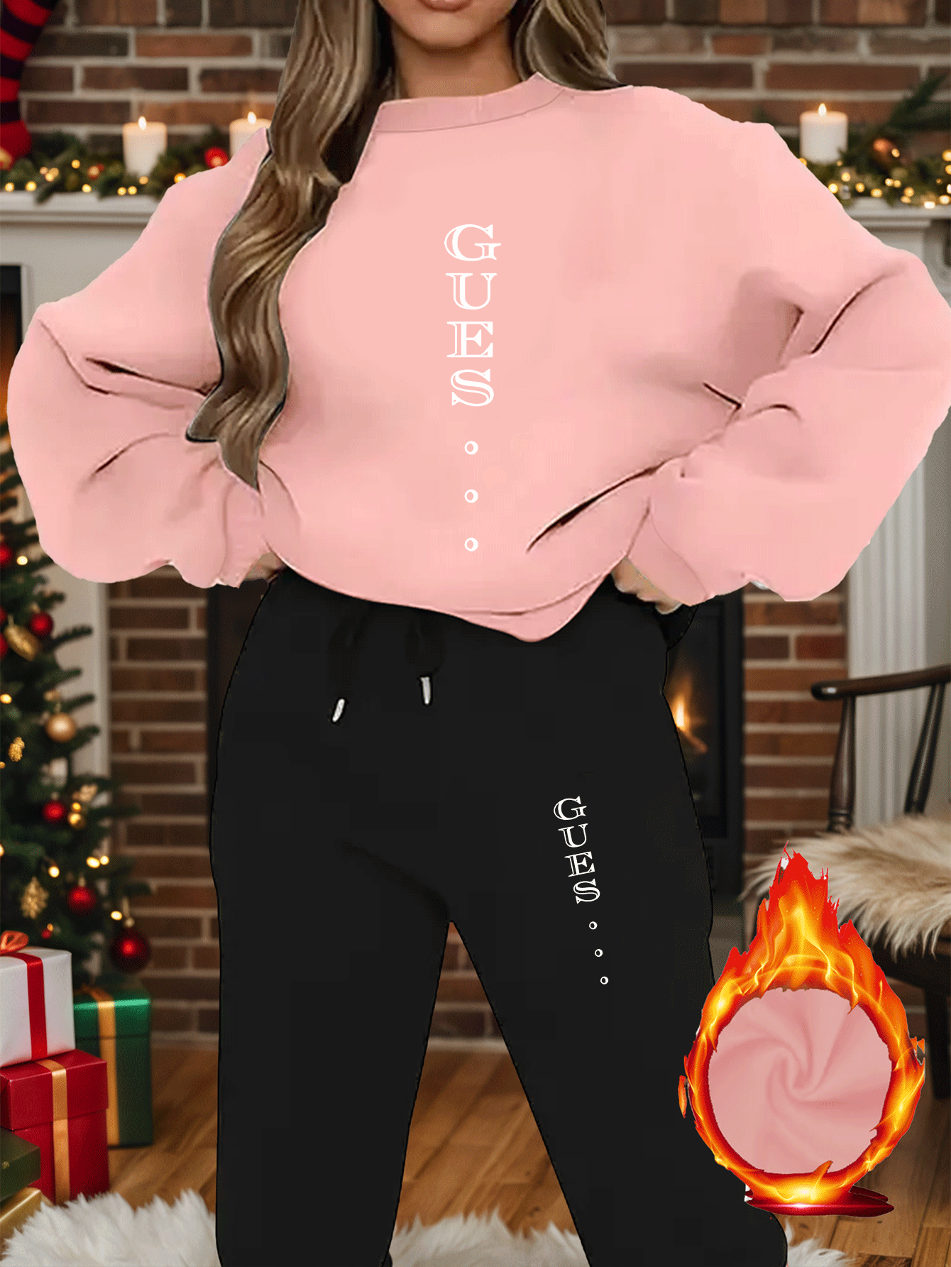 2pcs Women'S Y2K Style Oversized Sweatshirt & Pants Set - Light Blue "GUESS" Print, Long Sleeve Crew Neck, Fleece-Lined, Casual Winter Outfit, All-Season Comfort, Casual Winter Wear | Oversized Sweatshirt | Fleece Lined Pants - IRON GODDESS