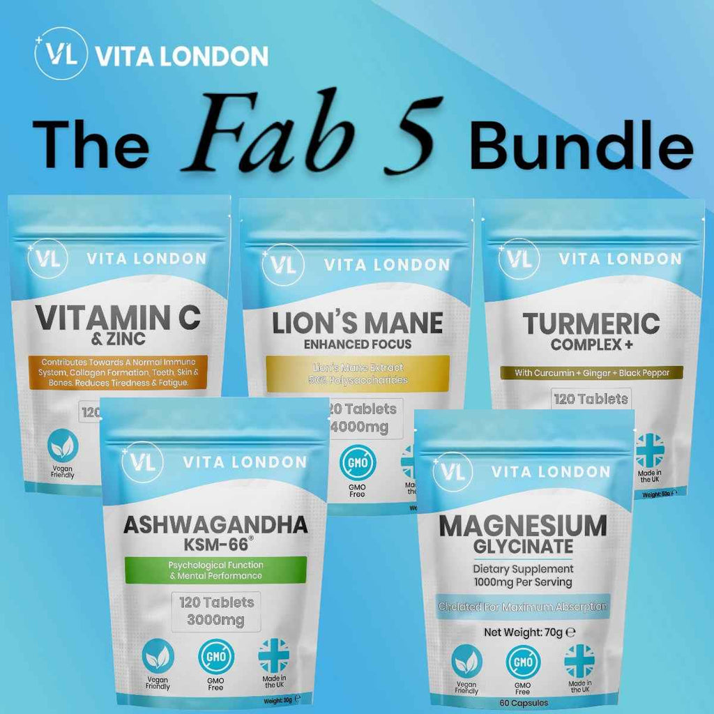 5pk Supplement Bundle - Turmeric, Ginger, Black Pepper - Magnesium Glycinate - Ashwagandha KSM-66 - Lions Mane Mushroom - Vitamin C & Zinc Tablets / Capsules (Not Gummies Or Powder) - Vegan - Gluten Free - Adult - UK - Vita London - Supplements - Vitamins