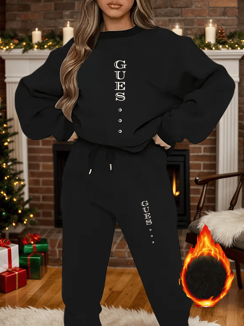 2pcs Women'S Y2K Style Oversized Sweatshirt & Pants Set - Light Blue "GUESS" Print, Long Sleeve Crew Neck, Fleece-Lined, Casual Winter Outfit, All-Season Comfort, Casual Winter Wear | Oversized Sweatshirt | Fleece Lined Pants - IRON GODDESS