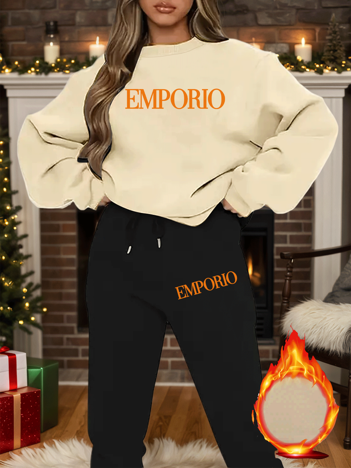 2pcs Women's Y2K Emporio-Inspired Matching Sweatsuit Set - Oversized Beige & Black Letter Print Tracksuit, Round Neck Long Sleeve Tracksuit (Jumpsuit) - Machine Washable Polyester/Elastane Blend for Casual & Formal Wear - IRON GODDESS