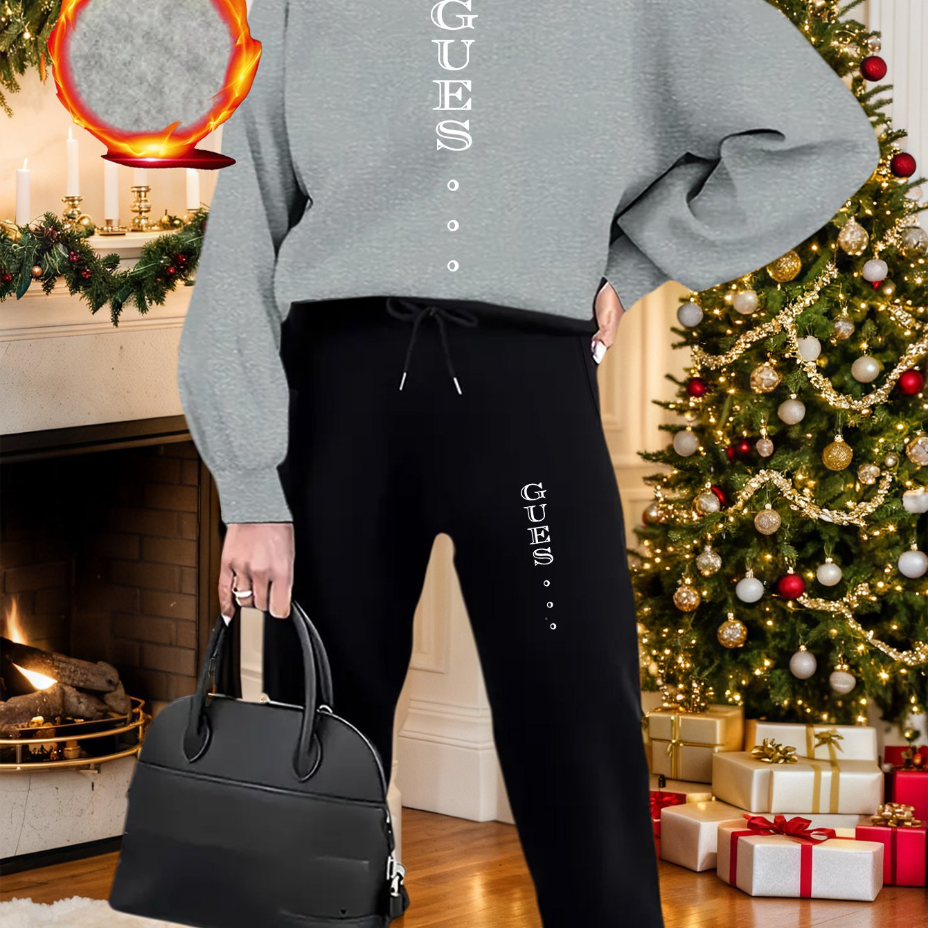 2pcs Women's GUESS Logo Oversized Pink Sweatsuit Set - Y2K White Lettering Matching Joggers & Sweater, All-Season Casual Outfit, Machine Washable Round Neck Tracksuit (Pink/Black) - Iconic Brand Collaboration - IRON GODDESS