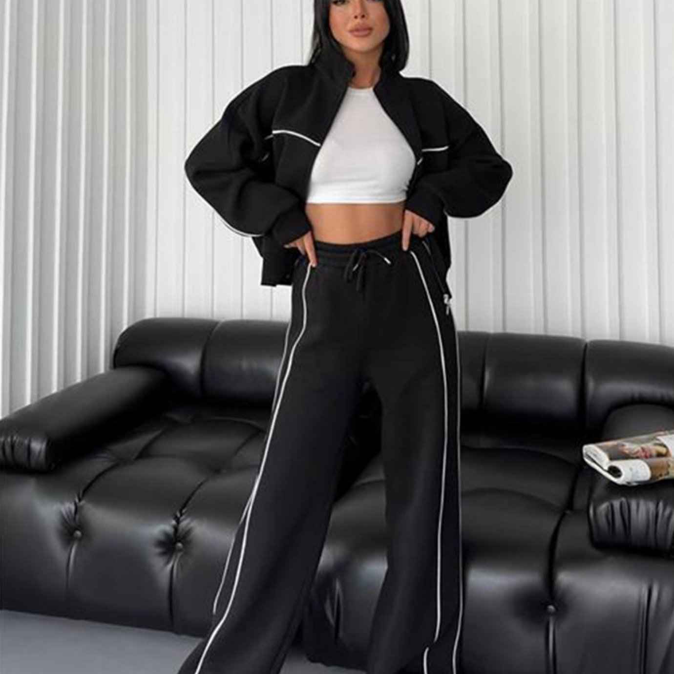 2024 Autumn/ Winter new casual suit long sleeve half turtleneck cardigan hoodie with striped pants street hipster, Autumn Clothing, Hipster Style, Turtleneck Design, Comfortable Fit, Twopiece Suit, Streetwear Lovers, Fashion Enthusiasts