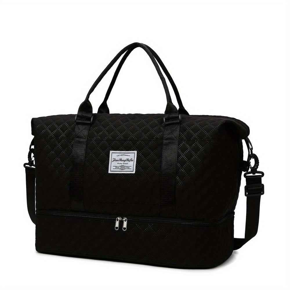 Women's Large Oxford Fabric Duffle Bag with Multiple Compartments & Headphone Storage - Pink & Black Gym Travel Holdall, Hand Washable Weekend Luggage Organizer