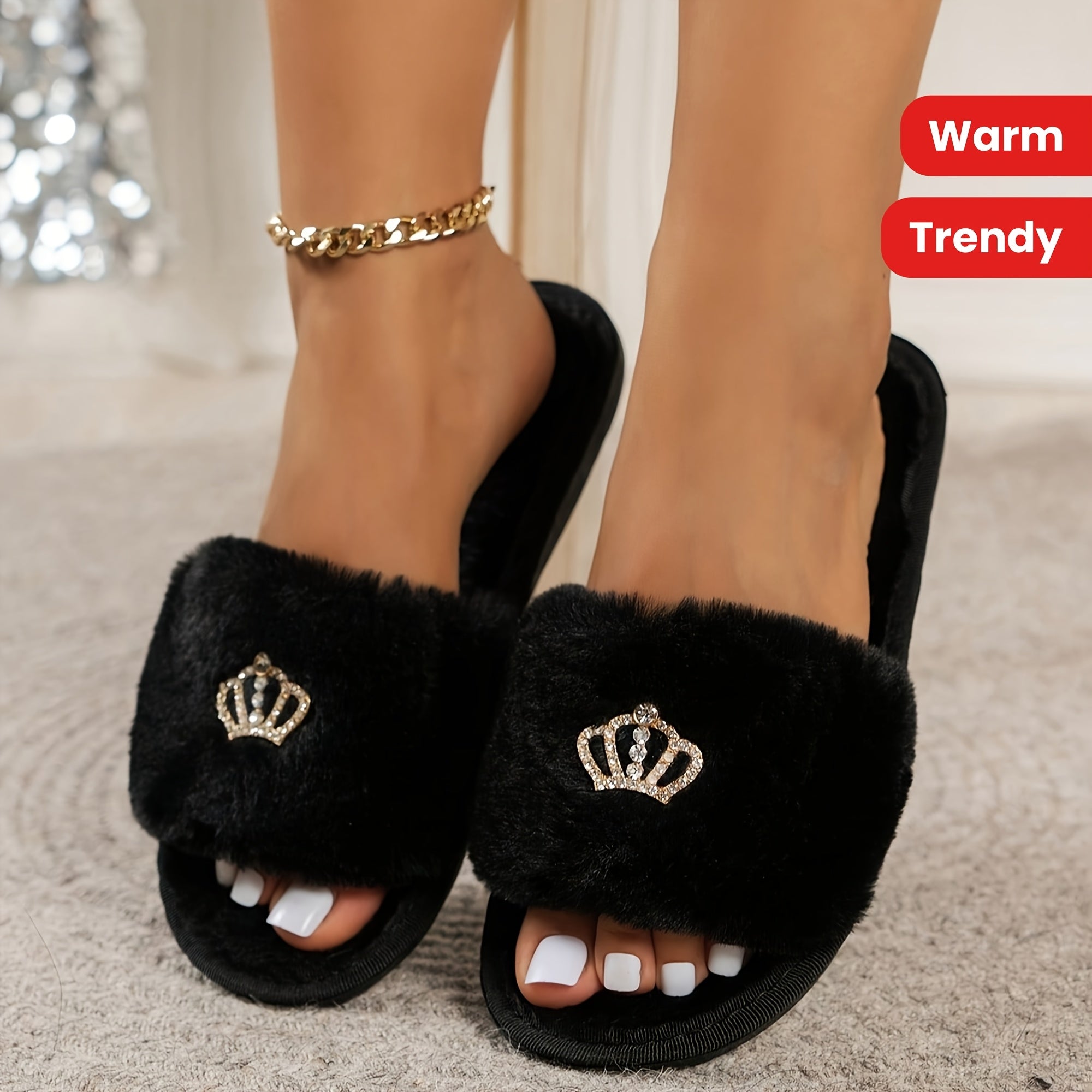 Cozy Plush SlipOn Slippers Black  Gold Back Strap Comfort - IRON GODDESS