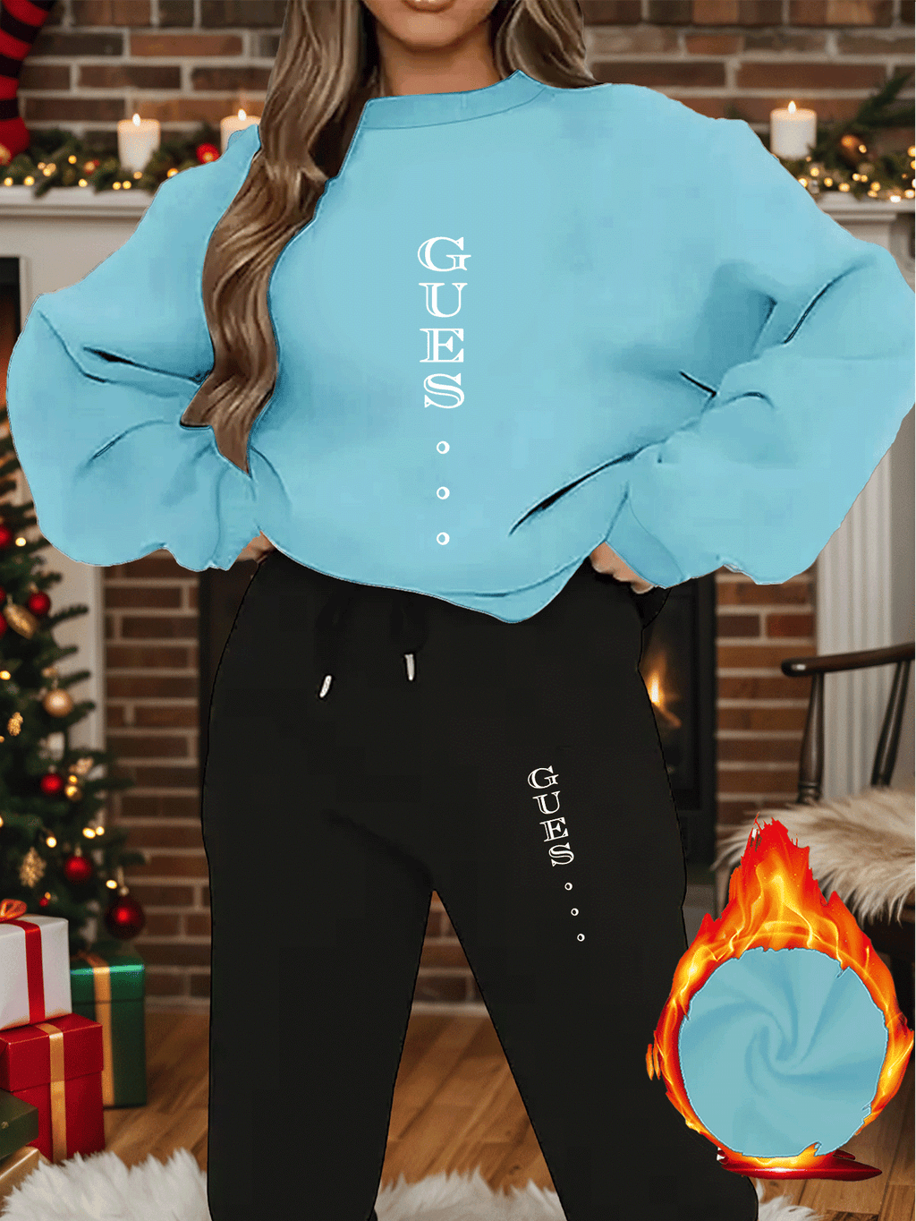 2pcs Women'S Y2K Style Oversized Sweatshirt & Pants Set - Light Blue "GUESS" Print, Long Sleeve Crew Neck, Fleece-Lined, Casual Winter Outfit, All-Season Comfort, Casual Winter Wear | Oversized Sweatshirt | Fleece Lined Pants - IRON GODDESS