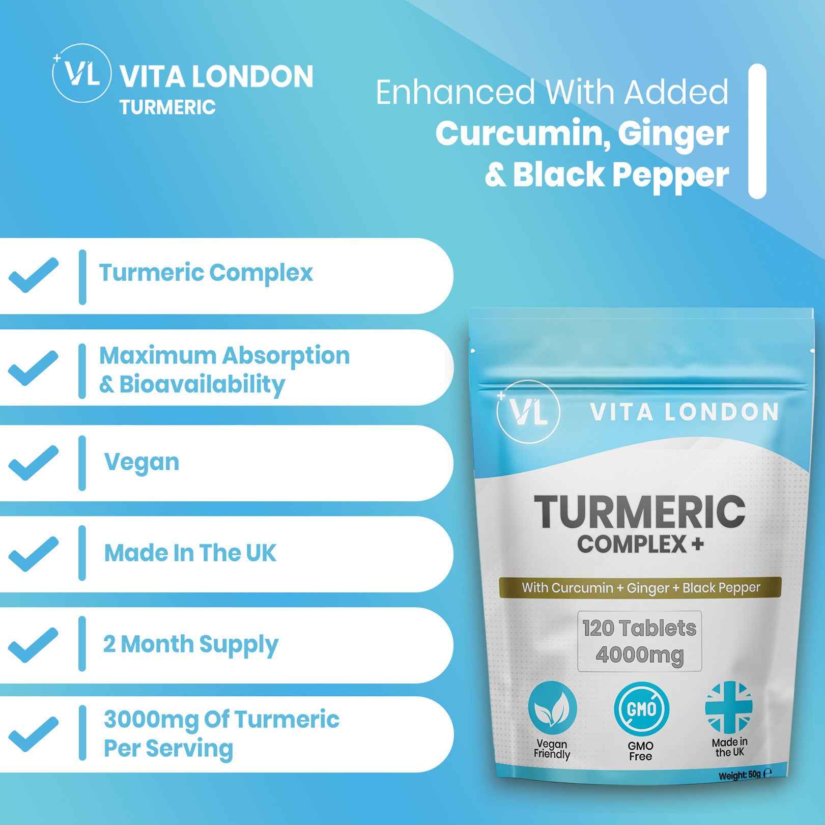 5pk Supplement Bundle - Turmeric, Ginger, Black Pepper - Magnesium Glycinate - Ashwagandha KSM-66 - Lions Mane Mushroom - Vitamin C & Zinc Tablets / Capsules (Not Gummies Or Powder) - Vegan - Gluten Free - Adult - UK - Vita London - Supplements - Vitamins