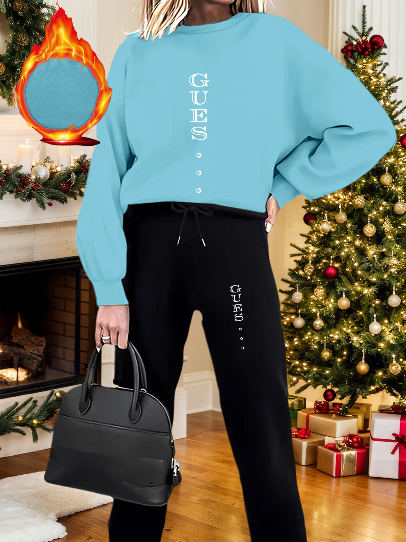 2pcs Women's GUESS Logo Oversized Pink Sweatsuit Set - Y2K White Lettering Matching Joggers & Sweater, All-Season Casual Outfit, Machine Washable Round Neck Tracksuit (Pink/Black) - Iconic Brand Collaboration - IRON GODDESS