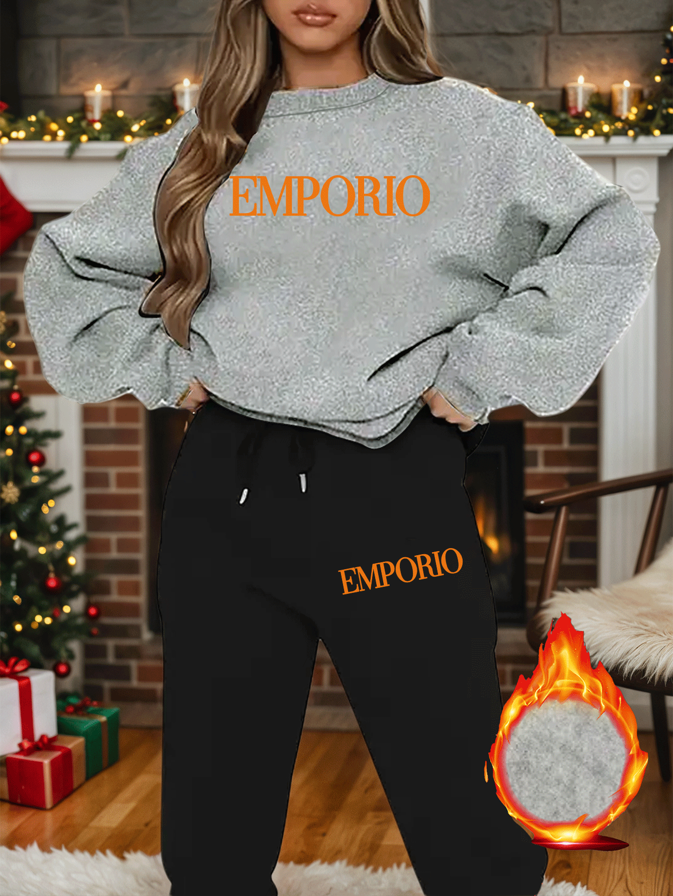 2pcs Women's Y2K Emporio-Inspired Matching Sweatsuit Set - Oversized Beige & Black Letter Print Tracksuit, Round Neck Long Sleeve Tracksuit (Jumpsuit) - Machine Washable Polyester/Elastane Blend for Casual & Formal Wear - IRON GODDESS