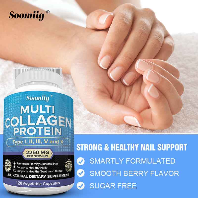 Multi Collagen Protein Capsules, 2250 for MG Per Serving, with Type I, Type II, Type III, Type V And Type X, Support Nails, Teeth And Gums Health, 120 Capsules