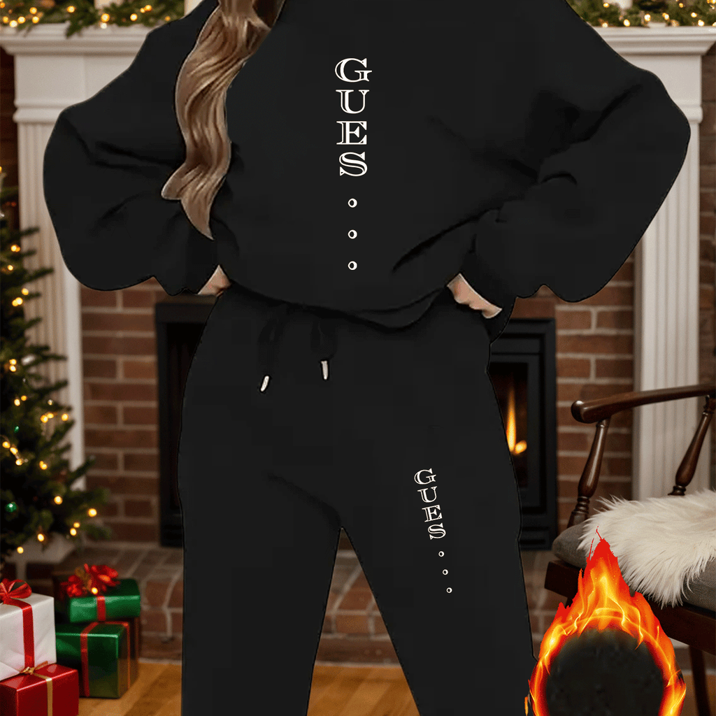 2pcs Women'S Y2K Style Oversized Sweatshirt & Pants Set - Light Blue "GUESS" Print, Long Sleeve Crew Neck, Fleece-Lined, Casual Winter Outfit, All-Season Comfort, Casual Winter Wear | Oversized Sweatshirt | Fleece Lined Pants - IRON GODDESS