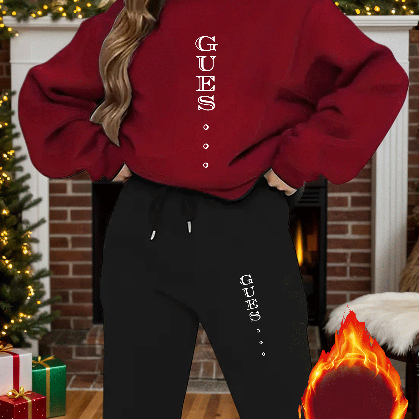 2pcs Women'S Y2K Style Oversized Sweatshirt & Pants Set - Light Blue "GUESS" Print, Long Sleeve Crew Neck, Fleece-Lined, Casual Winter Outfit, All-Season Comfort, Casual Winter Wear | Oversized Sweatshirt | Fleece Lined Pants - IRON GODDESS