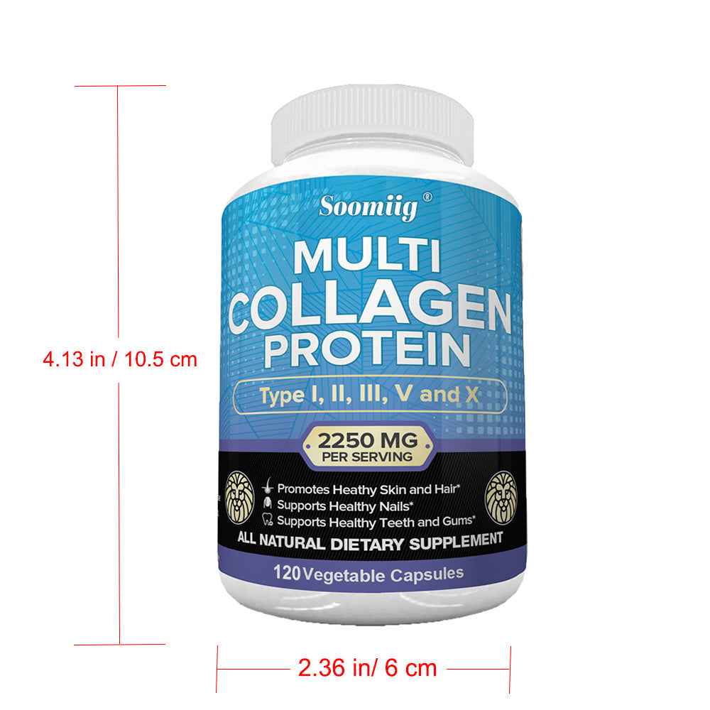 Multi Collagen Protein Capsules, 2250 for MG Per Serving, with Type I, Type II, Type III, Type V And Type X, Support Nails, Teeth And Gums Health, 120 Capsules