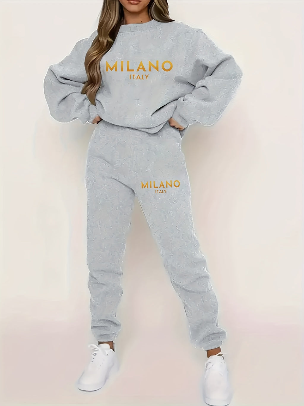 [Autumn/Winter Geometric Pattern Milano Set] Milano Italy Sweatshirt and Pants Set - Fashionable Autumn/Winter Geometric Patterned Knit Fabric, Round Neck, Polyester, Casual Women'S Two-Piece Outfit - IRON GODDESS