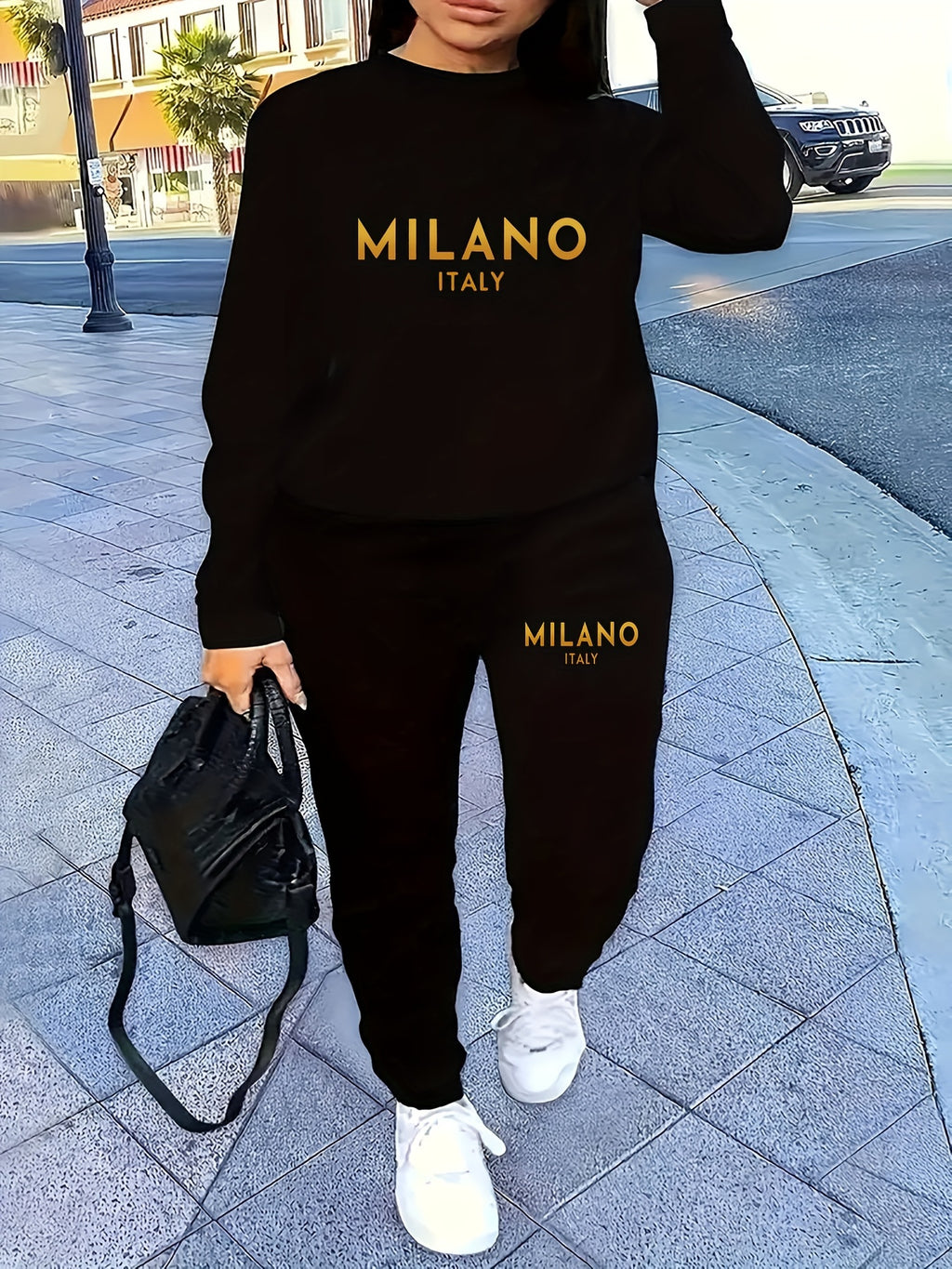 [Autumn/Winter Geometric Pattern Milano Set] Milano Italy Sweatshirt and Pants Set - Fashionable Autumn/Winter Geometric Patterned Knit Fabric, Round Neck, Polyester, Casual Women'S Two-Piece Outfit - IRON GODDESS