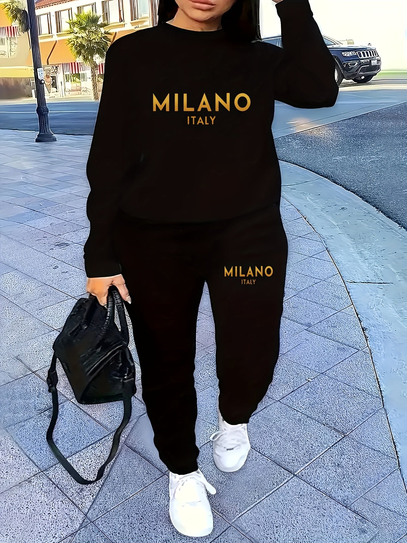 [Autumn/Winter Geometric Pattern Milano Set] Milano Italy Sweatshirt and Pants Set - Fashionable Autumn/Winter Geometric Patterned Knit Fabric, Round Neck, Polyester, Casual Women'S Two-Piece Outfit - IRON GODDESS
