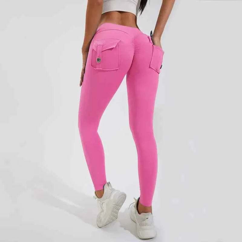 Peach Hip Pocket Leggings High Waist Push Up Gym Trousers
