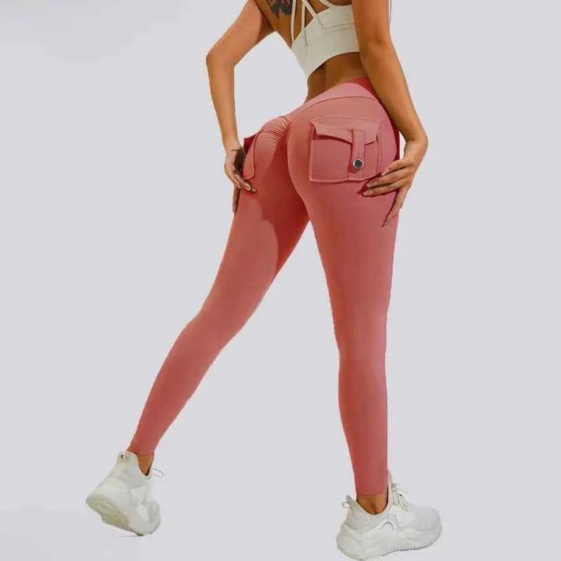 Peach Hip Pocket Leggings High Waist Push Up Gym Trousers