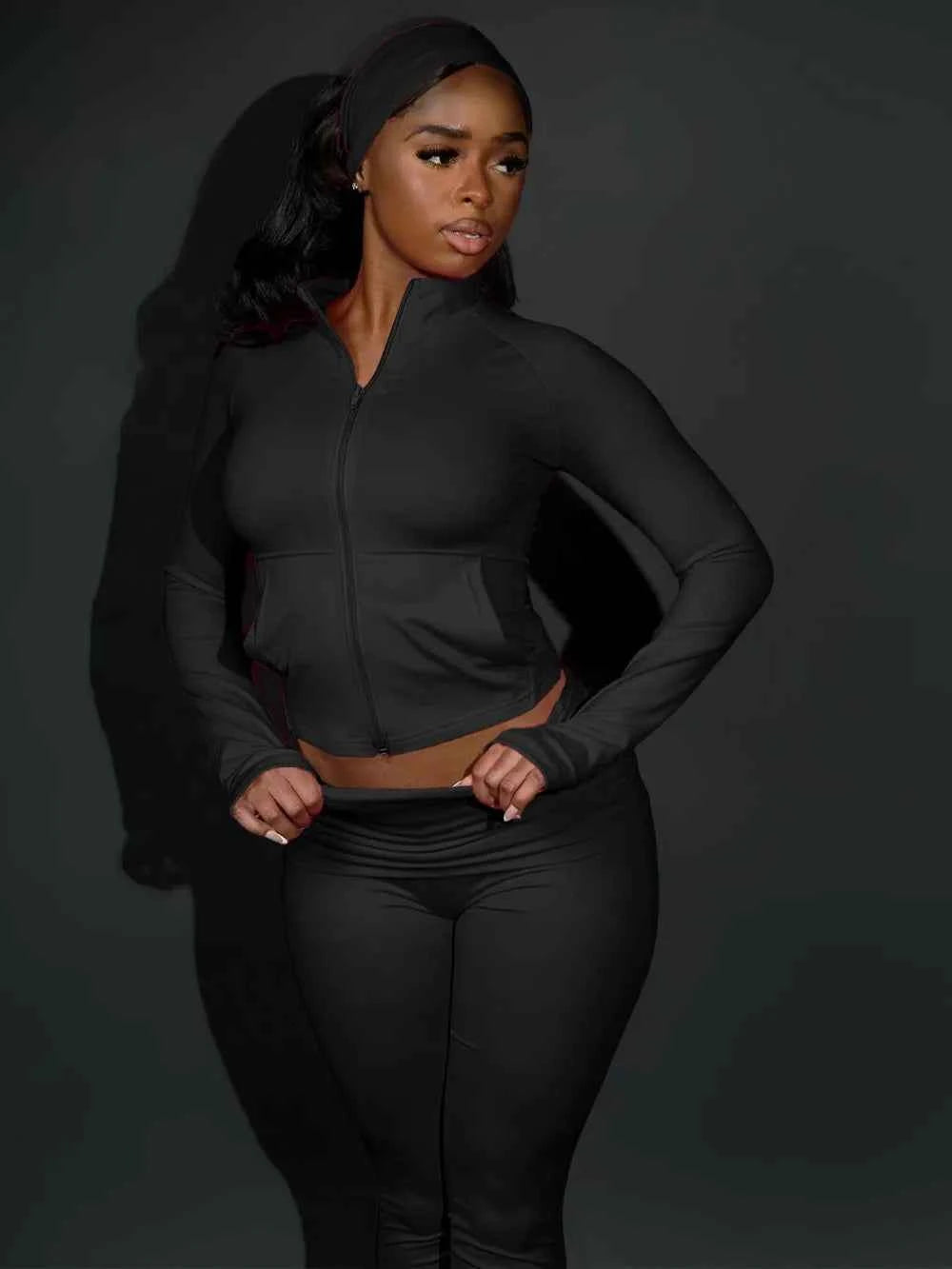 FLARORA Casual Sporty 3 Pcs Set Woman Lapel Long Sleeve Dew Finger Jacket+Skinny Flare Pant+ Hairband Yoga Fitness Tracksuits