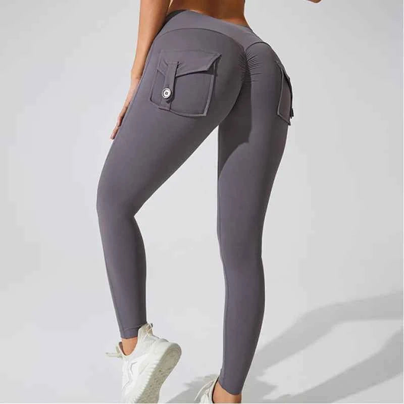 Peach Hip Pocket Leggings High Waist Push Up Gym Trousers