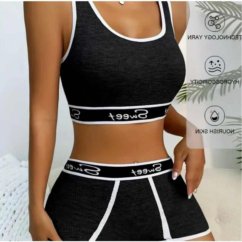 Sports Bra Sexy Wide Side Letter Suspenders Gym Bra Shorts Plus Size Tank Top Solid Color Two Piece Easy Clean Lingerie Shorts - IRON GODDESS