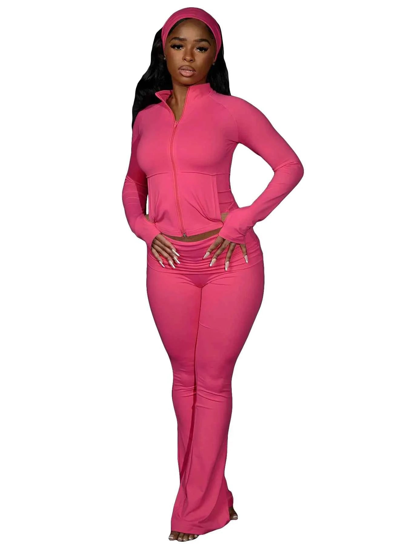 FLARORA Casual Sporty 3 Pcs Set Woman Lapel Long Sleeve Dew Finger Jacket+Skinny Flare Pant+ Hairband Yoga Fitness Tracksuits