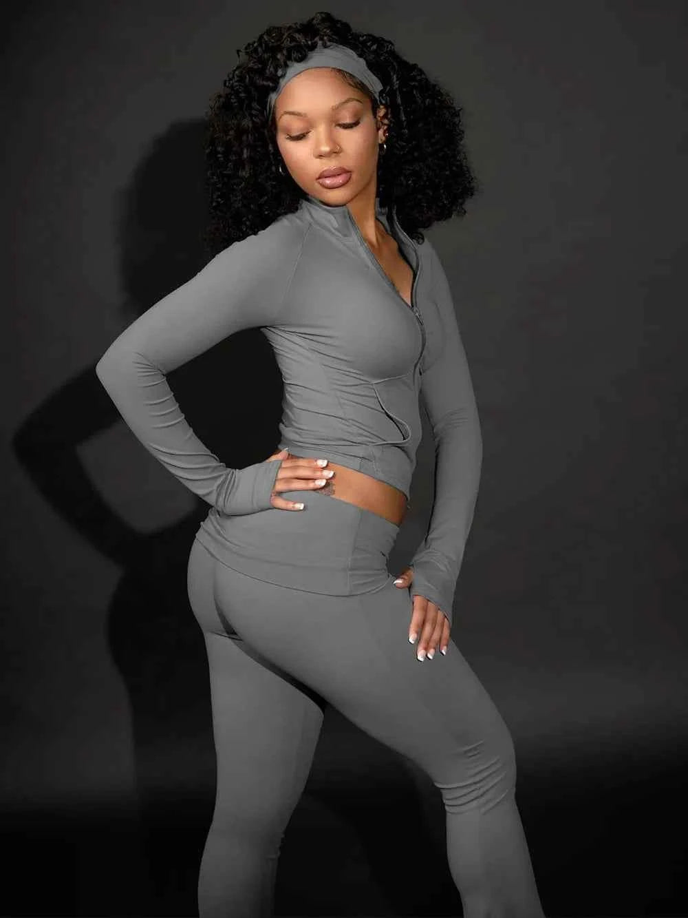 FLARORA Casual Sporty 3 Pcs Set Woman Lapel Long Sleeve Dew Finger Jacket+Skinny Flare Pant+ Hairband Yoga Fitness Tracksuits