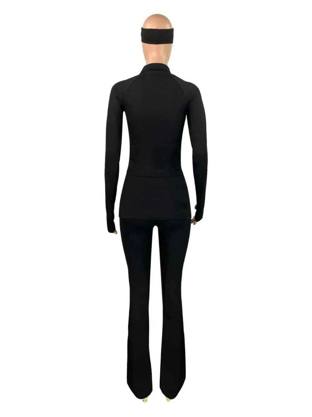 FLARORA Casual Sporty 3 Pcs Set Woman Lapel Long Sleeve Dew Finger Jacket+Skinny Flare Pant+ Hairband Yoga Fitness Tracksuits