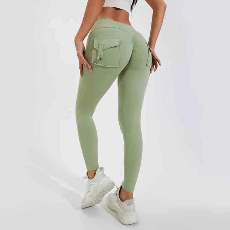 Peach Hip Pocket Leggings High Waist Push Up Gym Trousers