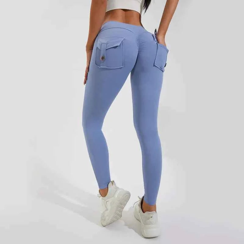 Peach Hip Pocket Leggings High Waist Push Up Gym Trousers
