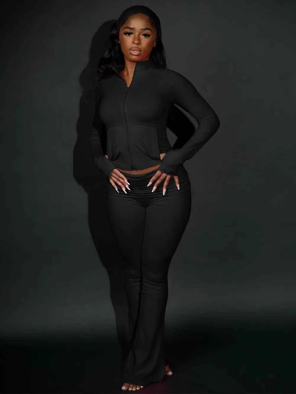 FLARORA Casual Sporty 3 Pcs Set Woman Lapel Long Sleeve Dew Finger Jacket+Skinny Flare Pant+ Hairband Yoga Fitness Tracksuits