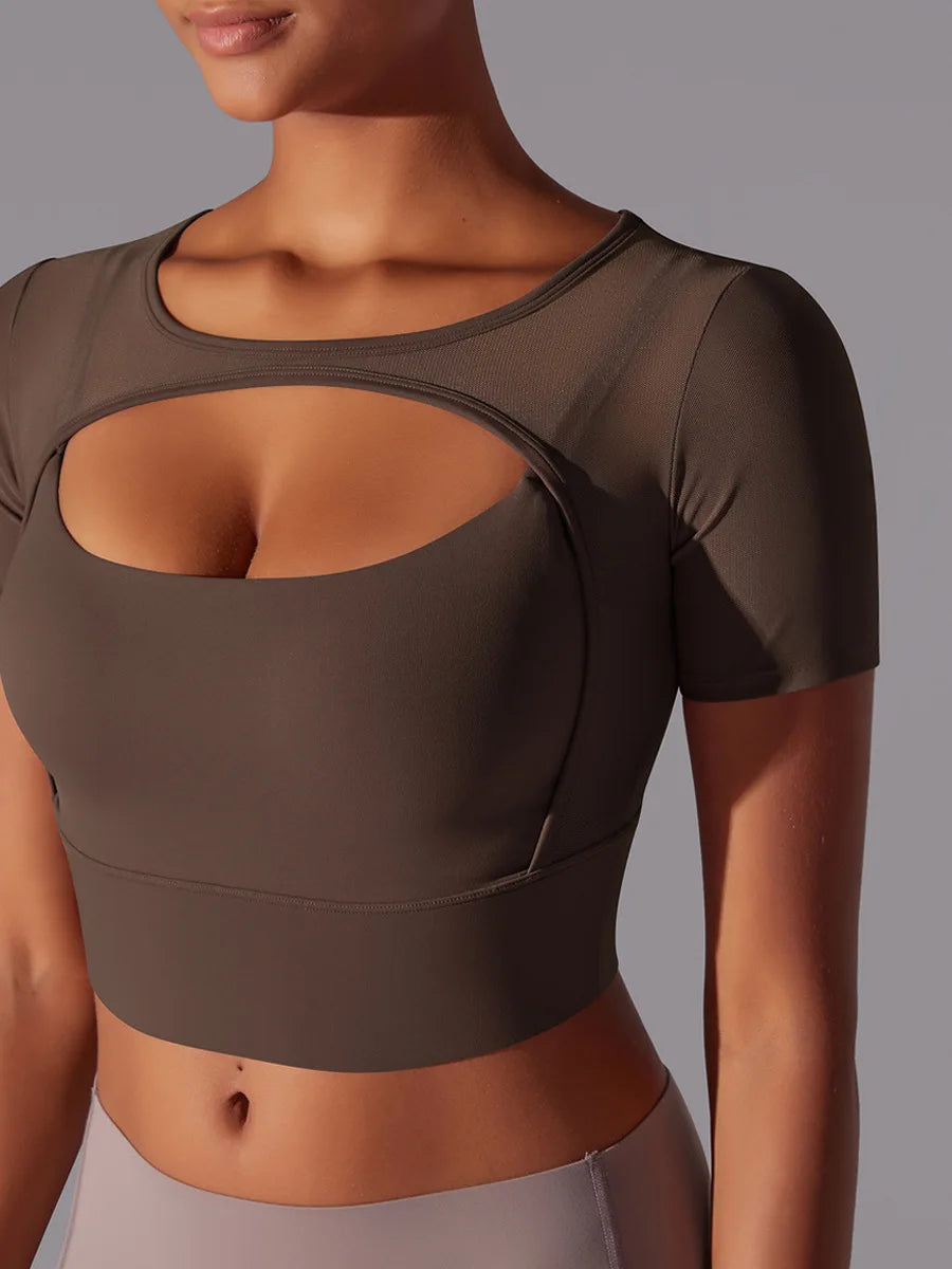 Yoga exercise set with women's mesh patchwork one piece asymmetric hollow sexy tight fitting sports and fitness yoga gym bra - IRON GODDESS