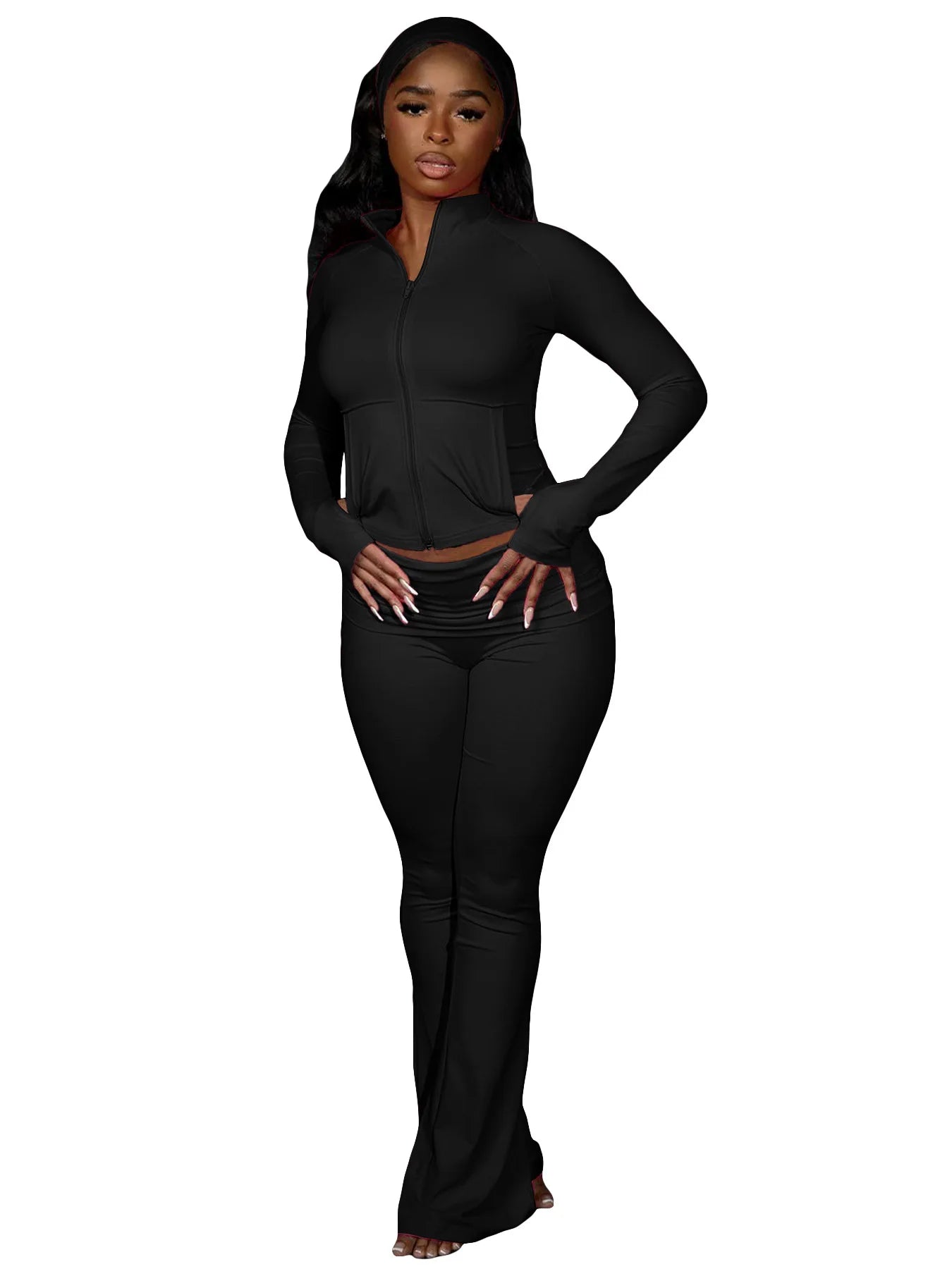 FLARORA Casual Sporty 3 Pcs Set Woman Lapel Long Sleeve Dew Finger Jacket+Skinny Flare Pant+ Hairband Yoga Fitness Tracksuits - IRON GODDESS