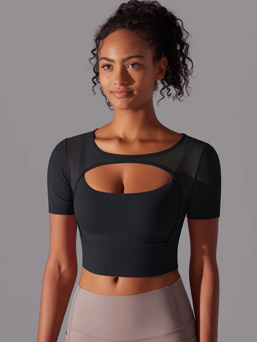 Yoga exercise set with women's mesh patchwork one piece asymmetric hollow sexy tight fitting sports and fitness yoga gym bra - IRON GODDESS