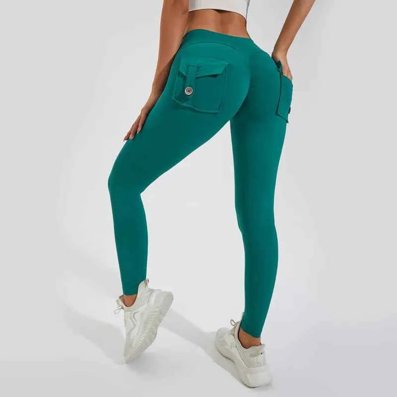 Peach Hip Pocket Leggings High Waist Push Up Gym Trousers