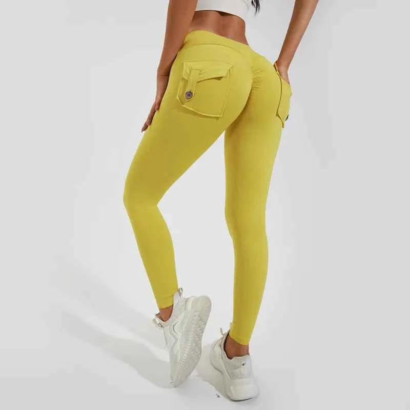 Peach Hip Pocket Leggings High Waist Push Up Gym Trousers
