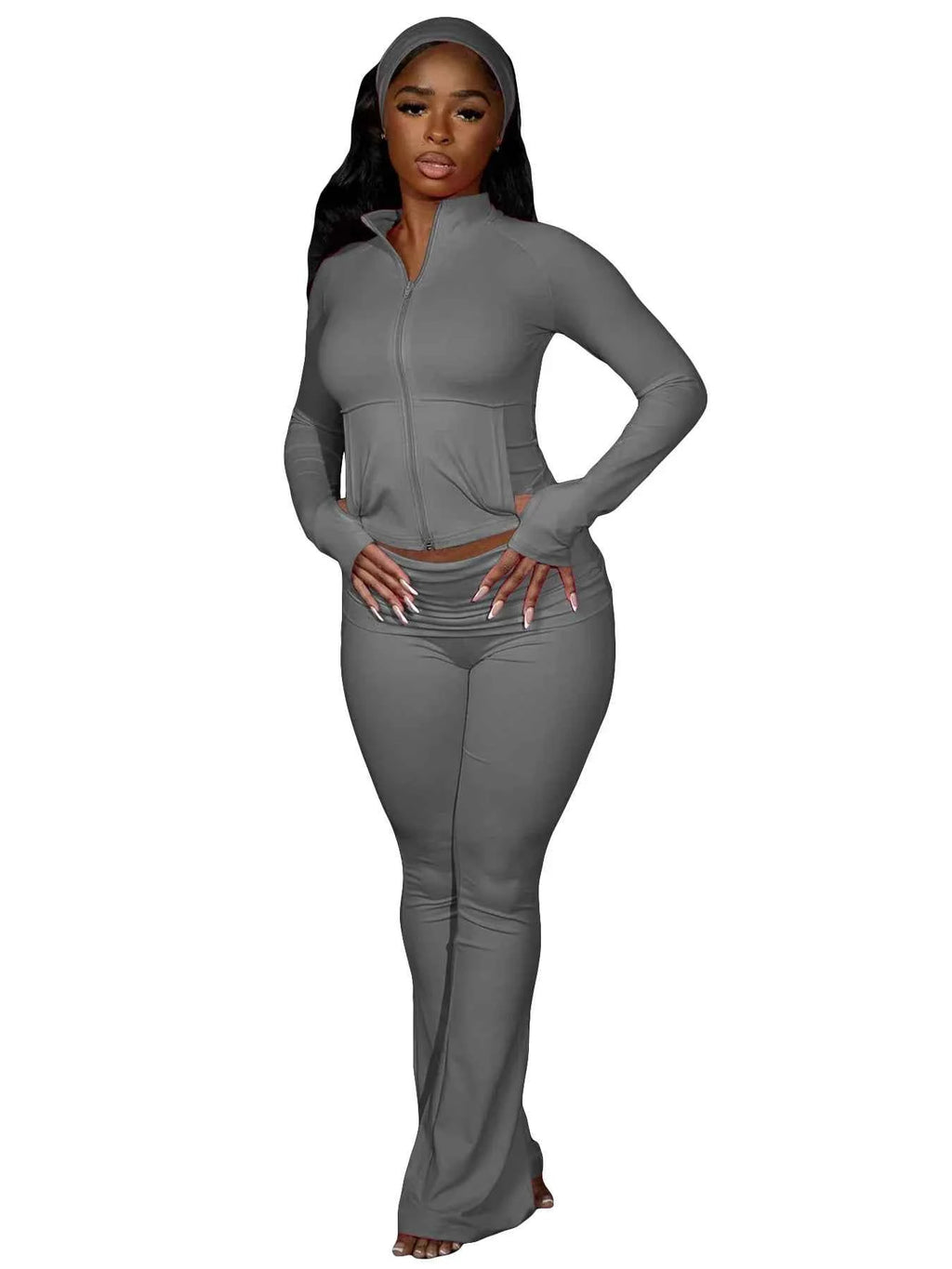 FLARORA Casual Sporty 3 Pcs Set Woman Lapel Long Sleeve Dew Finger Jacket+Skinny Flare Pant+ Hairband Yoga Fitness Tracksuits