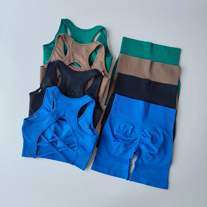 2 PCS Women's Seamless Yoga Set Sexy Sport Bra High Waist Sports Shorts Gym Fitness Sleeveless Workout Suit Sporstwear - IRON GODDESS