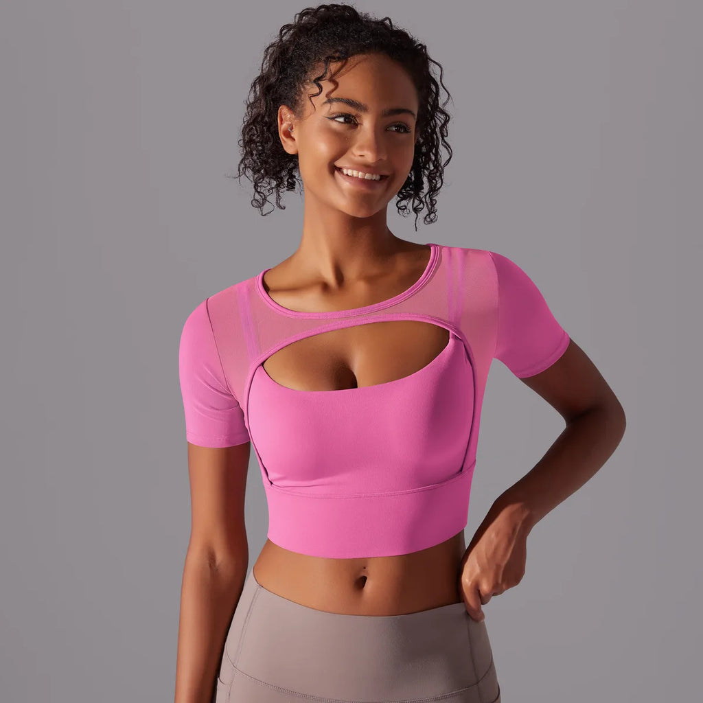 Yoga exercise set with women's mesh patchwork one piece asymmetric hollow sexy tight fitting sports and fitness yoga gym bra - IRON GODDESS