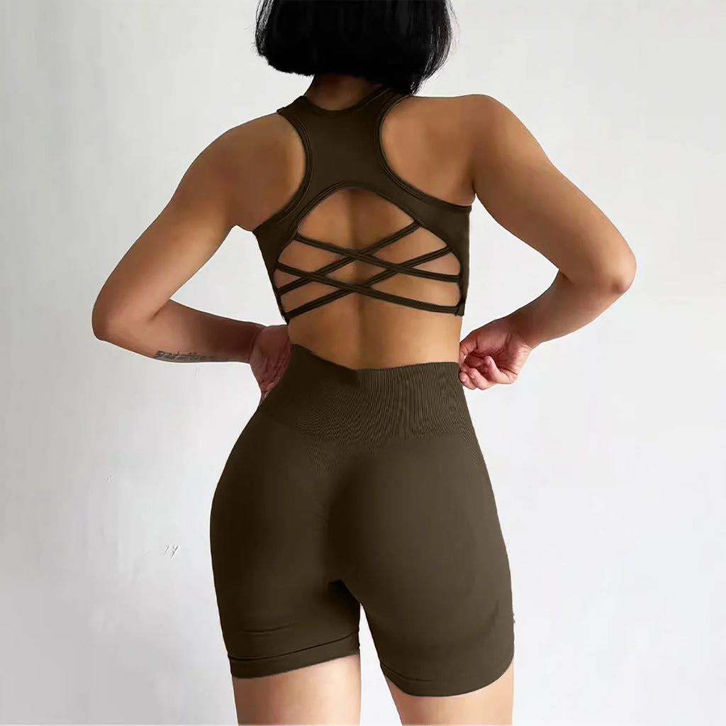 2 PCS Women's Seamless Yoga Set Sexy Sport Bra High Waist Sports Shorts Gym Fitness Sleeveless Workout Suit Sporstwear - IRON GODDESS