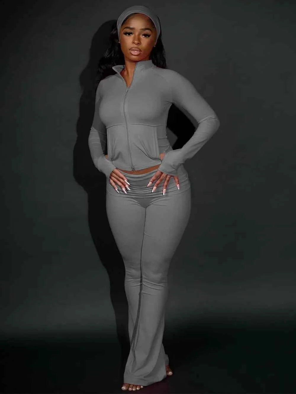 FLARORA Casual Sporty 3 Pcs Set Woman Lapel Long Sleeve Dew Finger Jacket+Skinny Flare Pant+ Hairband Yoga Fitness Tracksuits