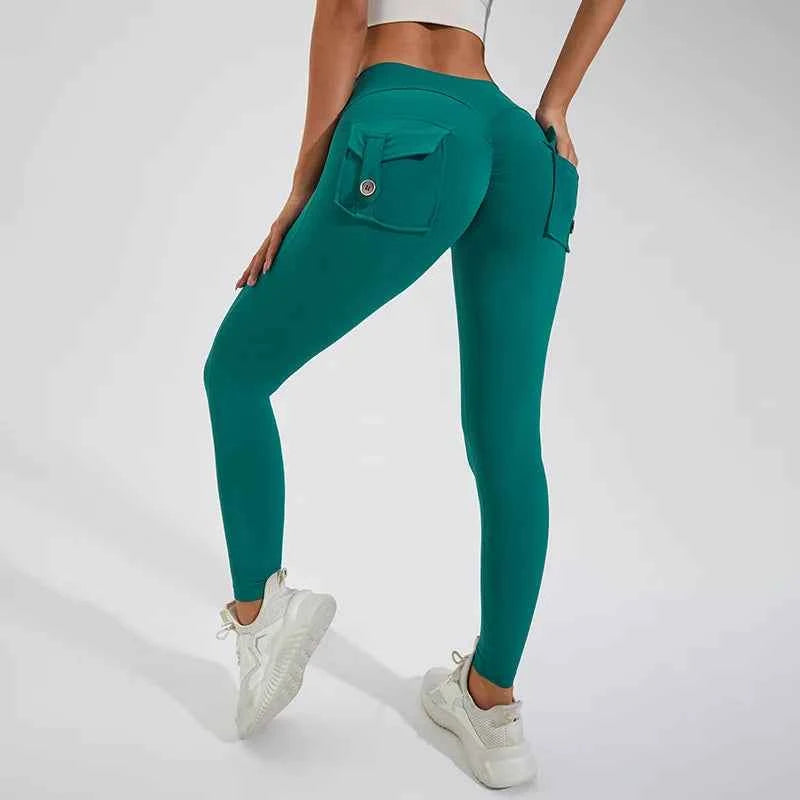 Peach Hip Pocket Leggings High Waist Push Up Gym Trousers