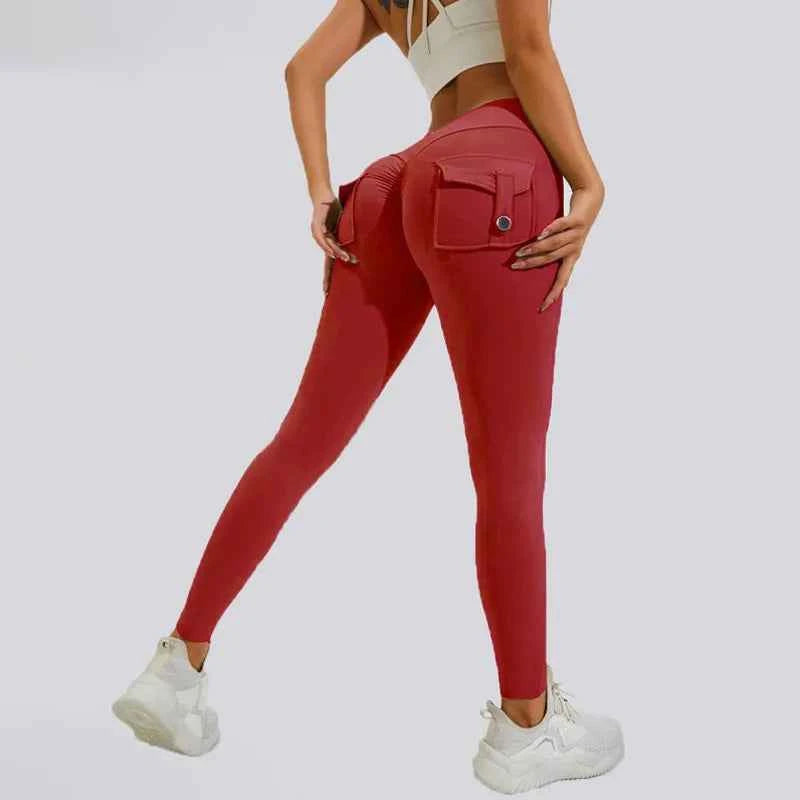 Peach Hip Pocket Leggings High Waist Push Up Gym Trousers