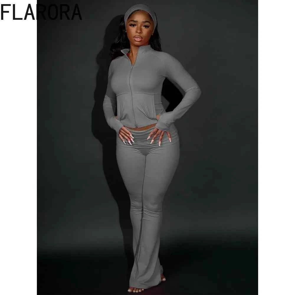 FLARORA Casual Sporty 3 Pcs Set Woman Lapel Long Sleeve Dew Finger Jacket+Skinny Flare Pant+ Hairband Yoga Fitness Tracksuits