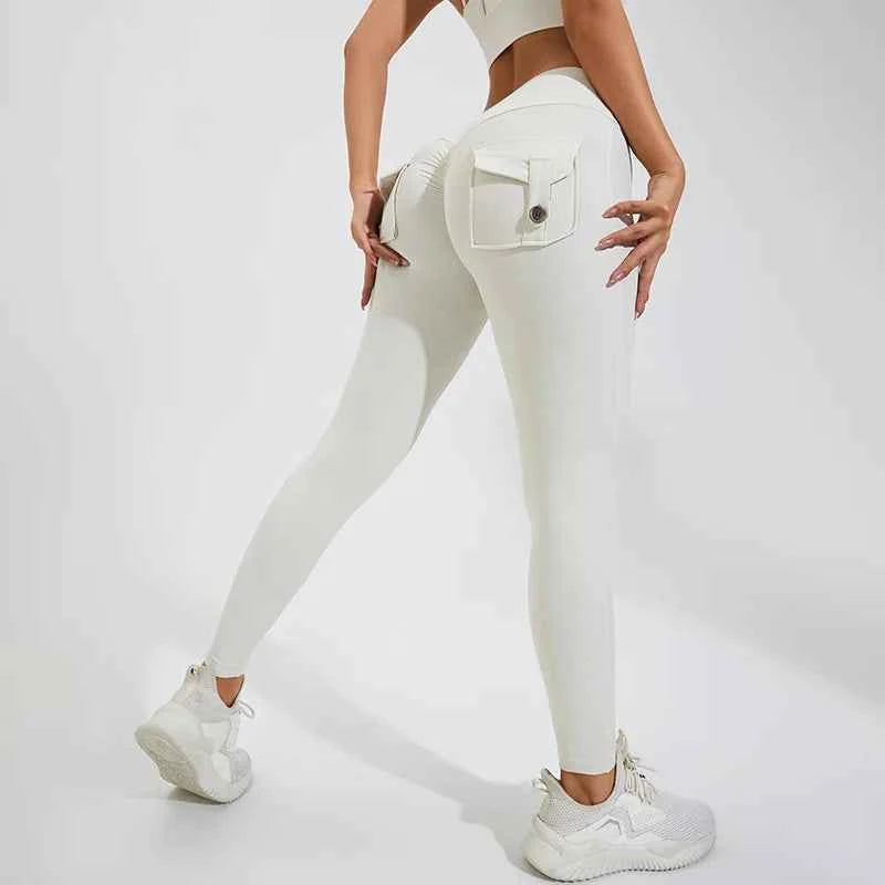 Peach Hip Pocket Leggings High Waist Push Up Gym Trousers