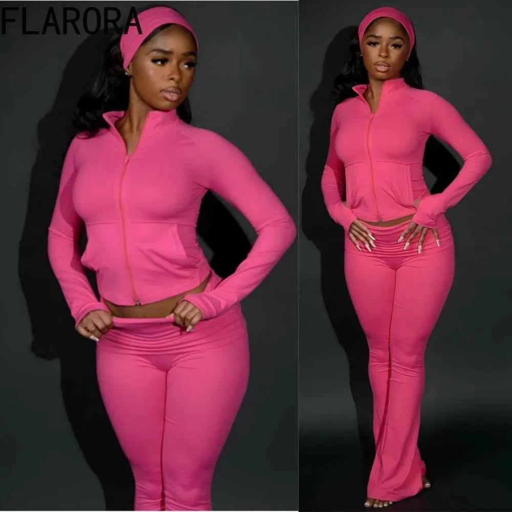 FLARORA Casual Sporty 3 Pcs Set Woman Lapel Long Sleeve Dew Finger Jacket+Skinny Flare Pant+ Hairband Yoga Fitness Tracksuits