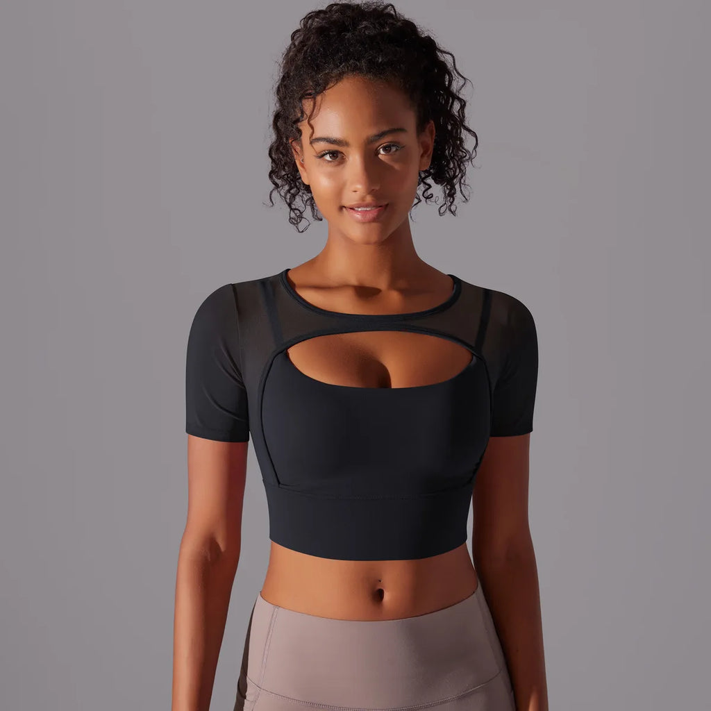 Yoga exercise set with women's mesh patchwork one piece asymmetric hollow sexy tight fitting sports and fitness yoga gym bra - IRON GODDESS